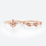 Oval Cut Morganite Engagement Ring Set Twisted Halo Bridal Ring with Floral Stackable Wedding Band in Rose Gold