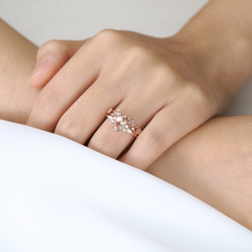 Oval Cut Morganite Engagement Ring Set Twisted Halo Bridal Ring with Floral Stackable Wedding Band in Rose Gold