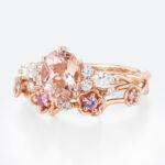 Oval Cut Morganite Engagement Ring Set Twisted Halo Bridal Ring with Floral Stackable Wedding Band in Rose Gold