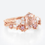 Oval Cut Morganite Engagement Ring Set Twisted Halo Bridal Ring with Floral Stackable Wedding Band in Rose Gold