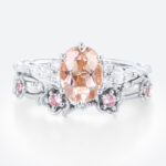 Oval Cut Morganite Engagement Ring Set Twisted Halo Bridal Ring with Floral Stackable Wedding Band in White Gold