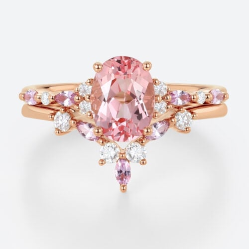 1.8ct Oval Cut Pink Sapphire Ring Set with Diamond Accents Bridal Set in Rose Gold