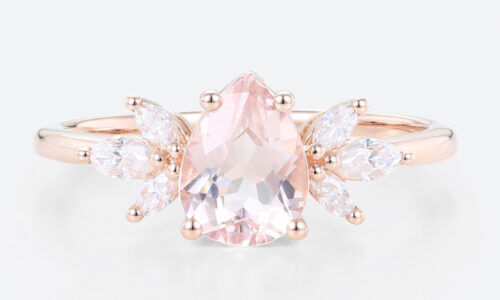 1ct Pear Cut Morganite Engagement Ring Flower Side Stones Bridal Ring in Rose Gold