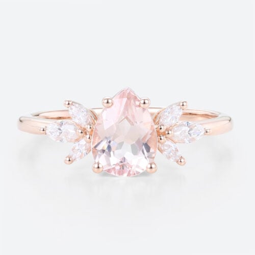 1ct Pear Cut Morganite Engagement Ring Flower Side Stones Bridal Ring in Rose Gold