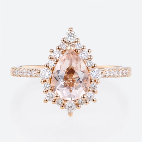 1ct Pear Cut Morganite Halo Engagement Ring with Pavé Accents in Rose Gold