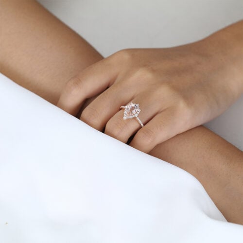 1ct Pear Cut Morganite Halo Engagement Ring with Pavé Accents in Rose Gold