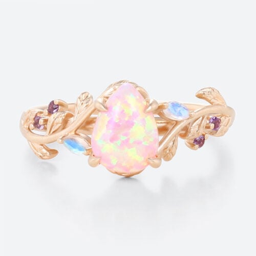 0.6ct Pear Pink Opal Rings Nature-Inspired Ring with Matte Finish in Rose Gold