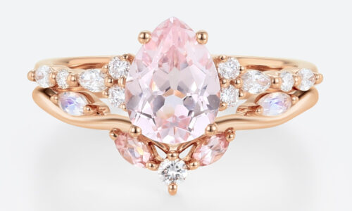 1.7ct Pear Cut Pink Sapphire Ring Set Elven-Inspired Bridal Ring Set in Rose Gold