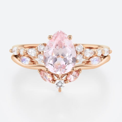 1.7ct Pear Cut Pink Sapphire Ring Set Elven-Inspired Bridal Ring Set in Rose Gold