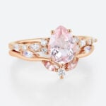 1.7ct Pear Cut Pink Sapphire Ring Set Elven-Inspired Bridal Ring Set in Rose Gold