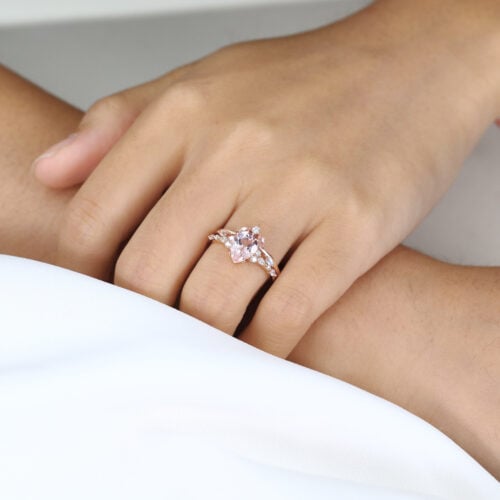1.7ct Pear Cut Pink Sapphire Ring Set Elven-Inspired Bridal Ring Set in Rose Gold