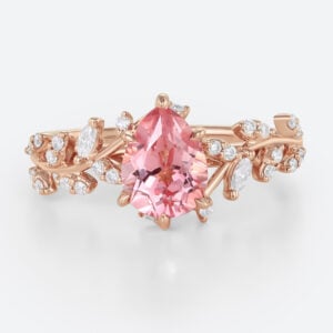1.7ct Pear Cut Pink Sapphire Engagement Ring Botanical Bridal Ring in Rose Gold