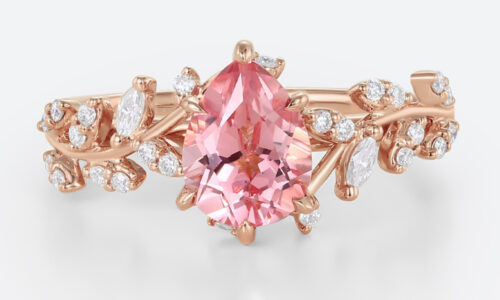 1.7ct Pear Cut Pink Sapphire Engagement Ring Botanical Bridal Ring in Rose Gold