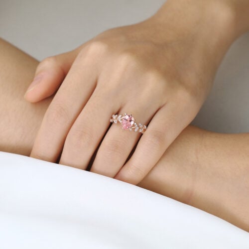 1.7ct Pear Cut Pink Sapphire Engagement Ring Botanical Bridal Ring in Rose Gold