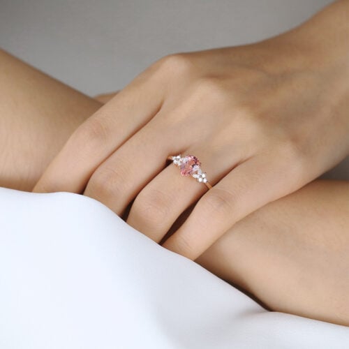 1.2ct Pear Cut Pink Sapphire Ring Floral Cluster Engagement Bridal Ring in Rose Gold