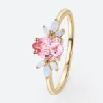 1.6ct Pear Cut Pink Sapphire Engagement Ring with Opal Accents in Yellow Gold
