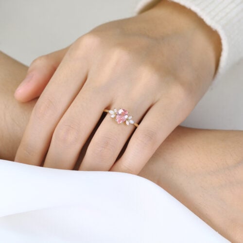 1.6ct Pear Cut Pink Sapphire Engagement Ring with Opal Accents in Yellow Gold