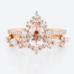 1ct Pear Morganite Halo Bridal Ring Set with Straight Wedding Ring in Rose Gold