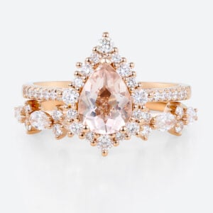 1ct Pear Morganite Halo Bridal Ring Set with Straight Wedding Ring in Rose Gold
