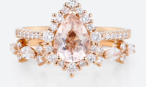 1ct Pear Morganite Halo Bridal Ring Set with Straight Wedding Ring in Rose Gold