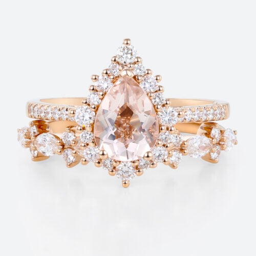 1ct Pear Morganite Halo Bridal Ring Set with Straight Wedding Ring in Rose Gold