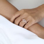 1ct Pear Morganite Halo Bridal Ring Set with Straight Wedding Ring in Rose Gold