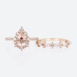 1ct Pear Morganite Halo Bridal Ring Set with Straight Wedding Ring in Rose Gold