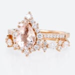 1ct Pear Morganite Halo Bridal Ring Set with Straight Wedding Ring in Rose Gold