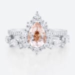 1ct Pear Morganite Halo Bridal Ring Set with Straight Wedding Ring in White Gold