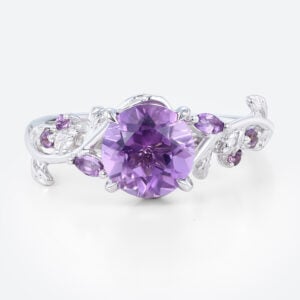 1.2ct Round Cut Amethyst Ring Nature-Inspired Engagement Ring in White Gold