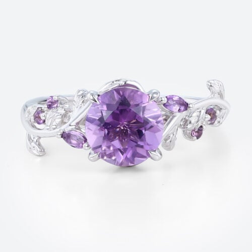 1.2ct Round Cut Amethyst Ring Nature-Inspired Engagement Ring in White Gold