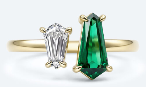 Shield Cut Toi Et Moi Ring Emeralds & Diamond Engagement Ring