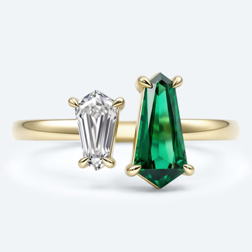 Shield Shaped Lab Grown Diamond Toi et Moi 4 Claw Prong Engagement Ring in Yellow Gold