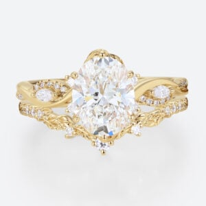2ct Oval Lab Grown Diamond Ring​ Set Vine-Inspired 6-Prong Bridal Ring Set in Yellow Gold