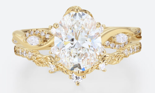 2ct Oval Lab Grown Diamond Ring​ Set Vine-Inspired 6-Prong Bridal Ring Set in Yellow Gold