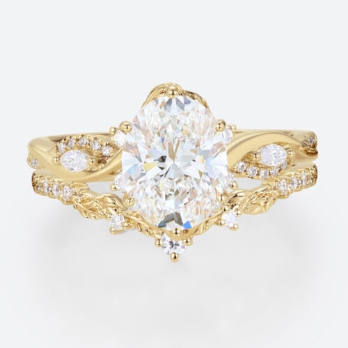 2ct Oval Lab Grown Diamond Ring​ Set Vine-Inspired 6-Prong Bridal Ring Set in Yellow Gold