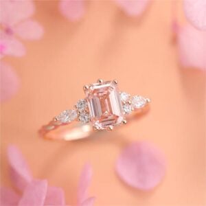 1.5ct Fancy Pink VS+ Emerald Cut Lab Grown Pink Diamond Twisted 6-Prong Engagement Ring Set in Rose Gold
