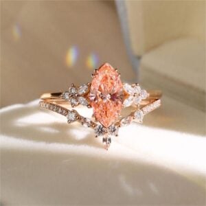 1ct Fancy Pink VS+ Marquise Cut Lab Grown Pink Diamond Modern 4 Double Claw Prong Engagement Ring Set