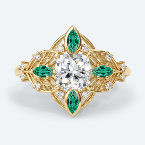 Cushion Cut Lab Grown Diamond Ornate Filigree Engagement Ring in Yellow Gold