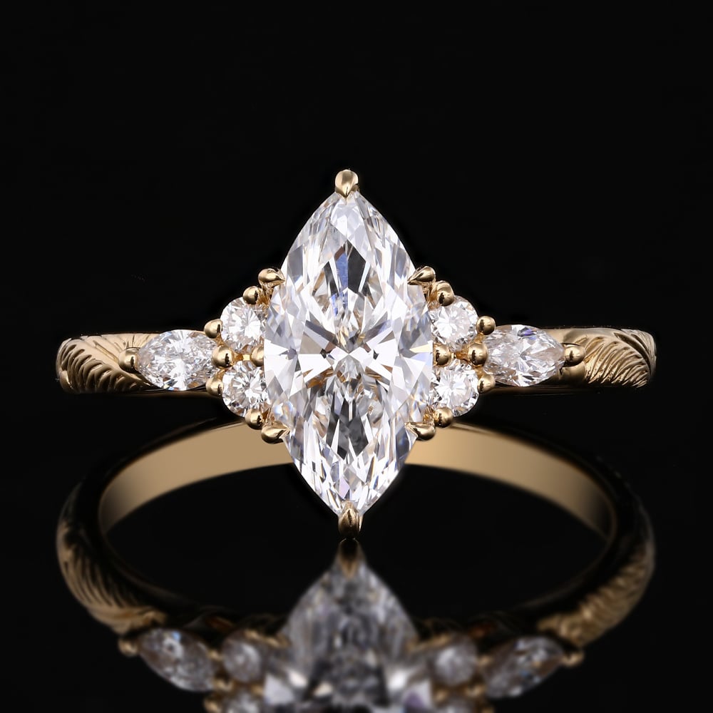 Marquise Cut Lab Grown Diamond Ring Vintage Engraved Band Engagement Ring in Yellow Gold That Look Bigger