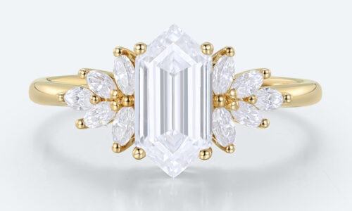 Unique Long Hexagon Lab Diamond Ring | Leafy Cluster Setting
