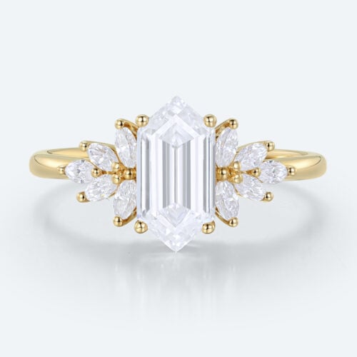 Unique Long Hexagon Lab Diamond Ring | Leafy Cluster Setting