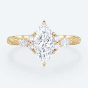 Marquise Cut Lab Grown Diamond Ring Vintage Engraved Band Engagement Ring in Yellow Gold That Look Bigger