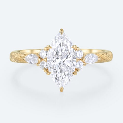 Marquise Cut Lab Grown Diamond Ring Vintage Engraved Band Engagement Ring in Yellow Gold That Look Bigger