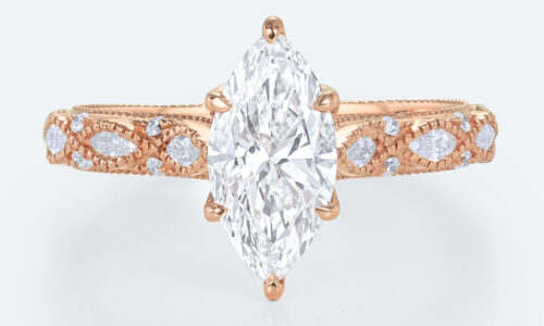 Vintage Marquise Cut Lab Diamond Ring | Milgrain Filigree Band in Rose Gold
