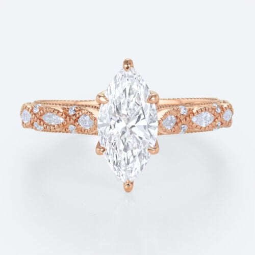 Vintage Marquise Cut Lab Diamond Ring | Milgrain Filigree Band in Rose Gold