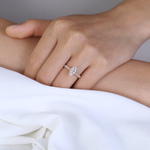 Vintage Marquise Cut Lab Diamond Ring | Milgrain Filigree Band in Rose Gold
