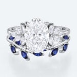 Oval Cut Lab Grown Diamond Botanical Ring Set | Sapphire Accents in White Gold