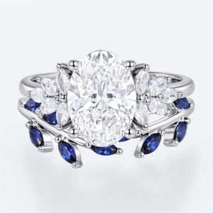 Oval Cut Lab Grown Diamond Botanical Ring Set | Sapphire Accents in White Gold