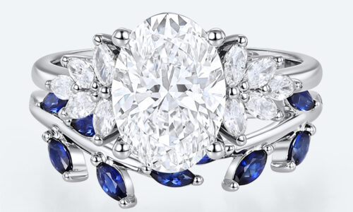 Oval Cut Lab Grown Diamond Botanical Ring Set | Sapphire Accents in White Gold